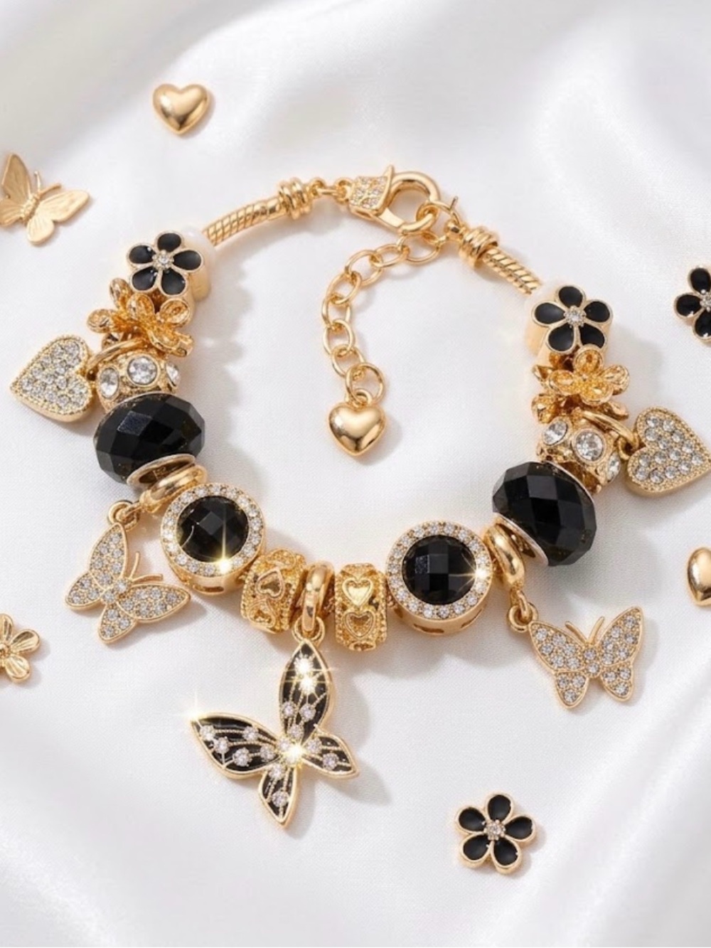 Luxury Gold Black Enamel Butterfly Charm Loaded Bracelet Rhinestone Heart Bangle